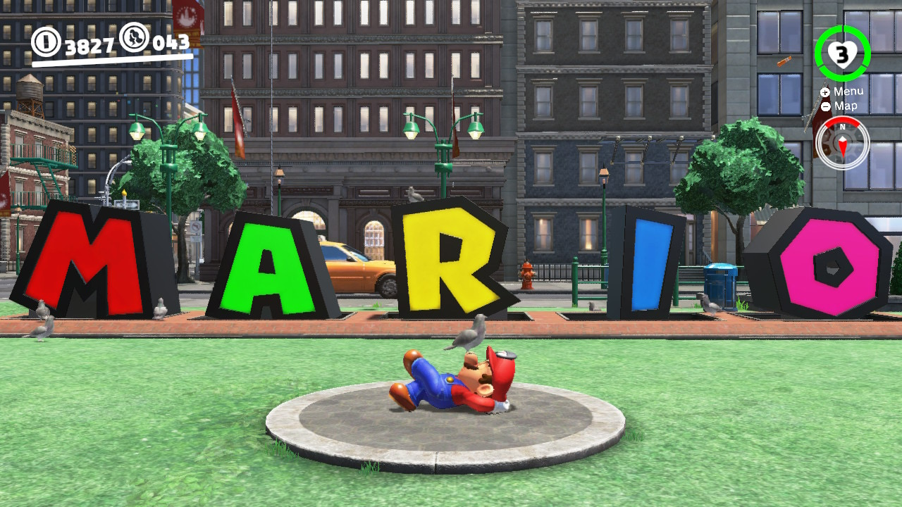 Mario laying down in the Metro Kingdom from Super Mario Odyssey